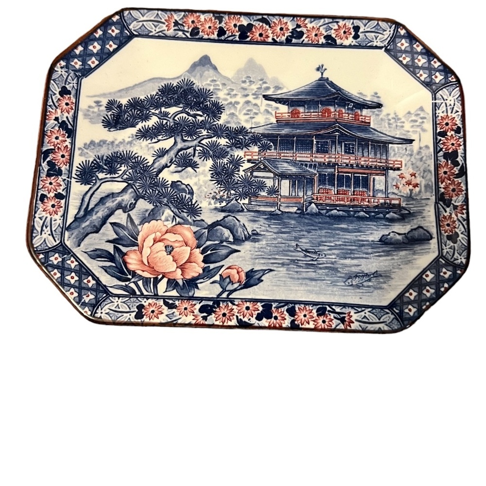 Set Of‎ 4  Vintage Ceramic Octagonal Serving Platter with Japanese Architecture